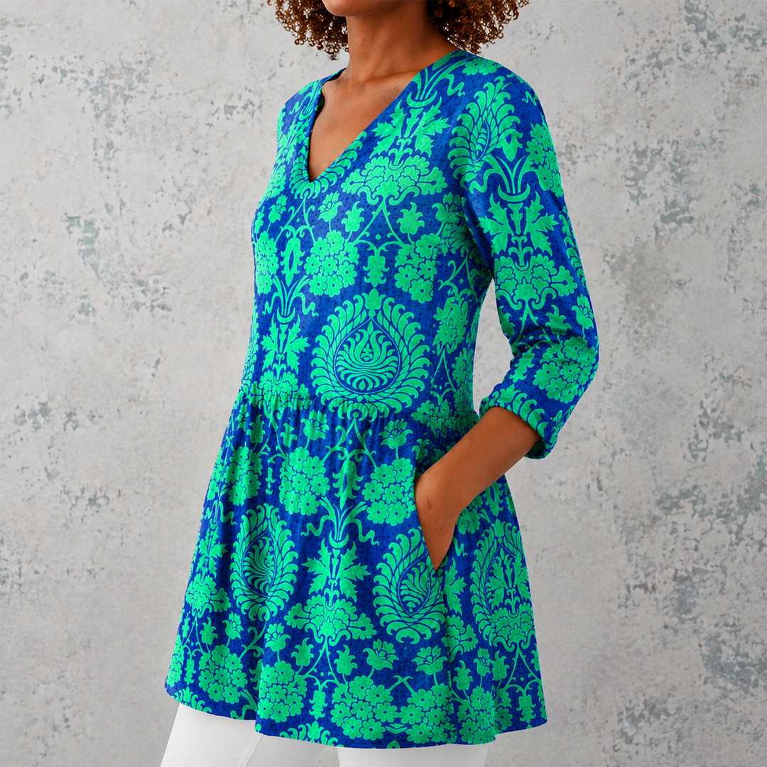 Ottavia | Blusa lunga in lino con motivo barocco damascato