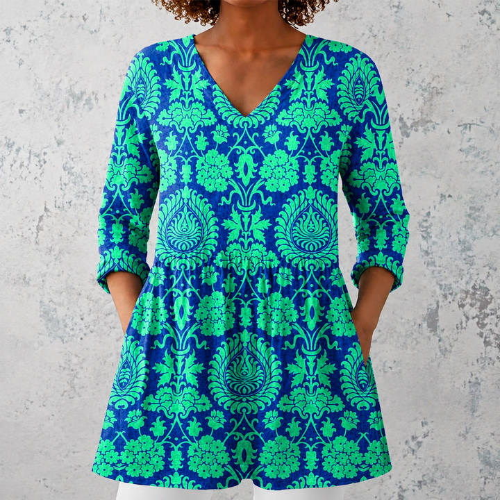 Ottavia | Blusa lunga in lino con motivo barocco damascato