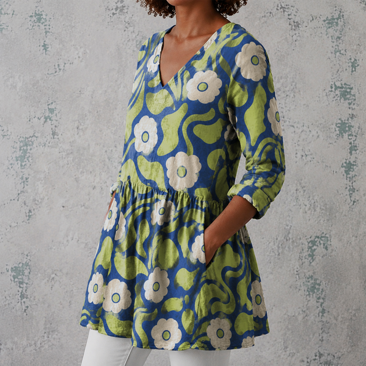 Bianca | Blusa lunga in lino con motivo floreale retro grafico