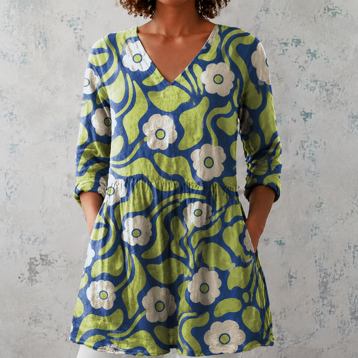 Bianca | Blusa lunga in lino con motivo floreale retro grafico