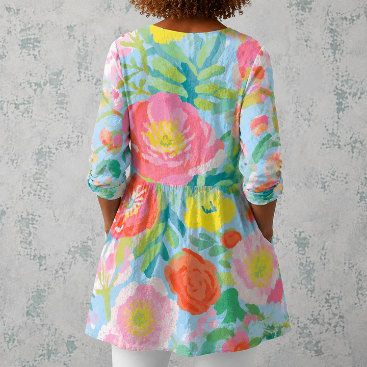 Gabriella | Blusa lunga in lino con grandi fiori dipinti