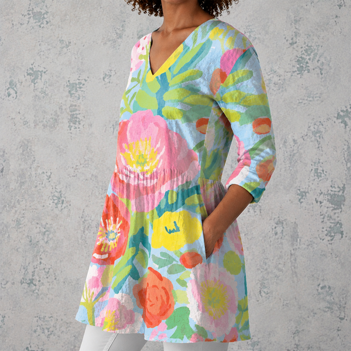Gabriella | Blusa lunga in lino con grandi fiori dipinti