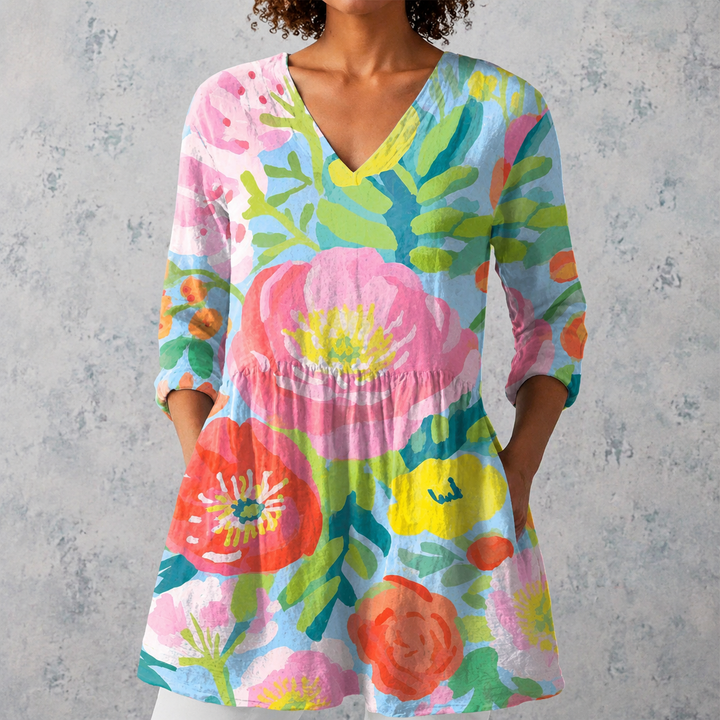Gabriella | Blusa lunga in lino con grandi fiori dipinti