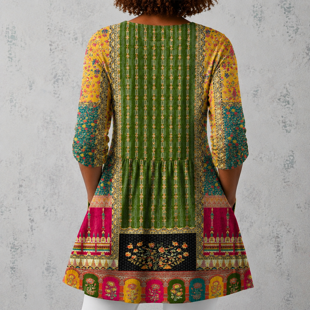 Letizia | Blusa lunga in lino con motivo patchwork bohemien e bordi decorati