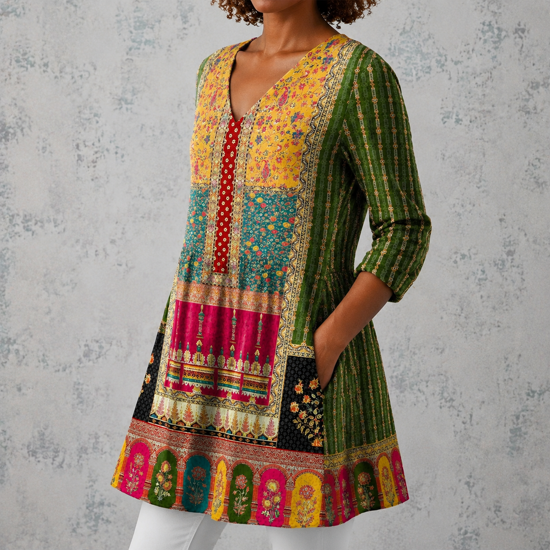Letizia | Blusa lunga in lino con motivo patchwork bohemien e bordi decorati
