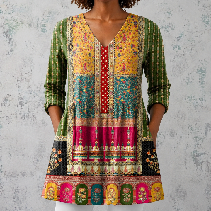 Letizia | Blusa lunga in lino con motivo patchwork bohemien e bordi decorati