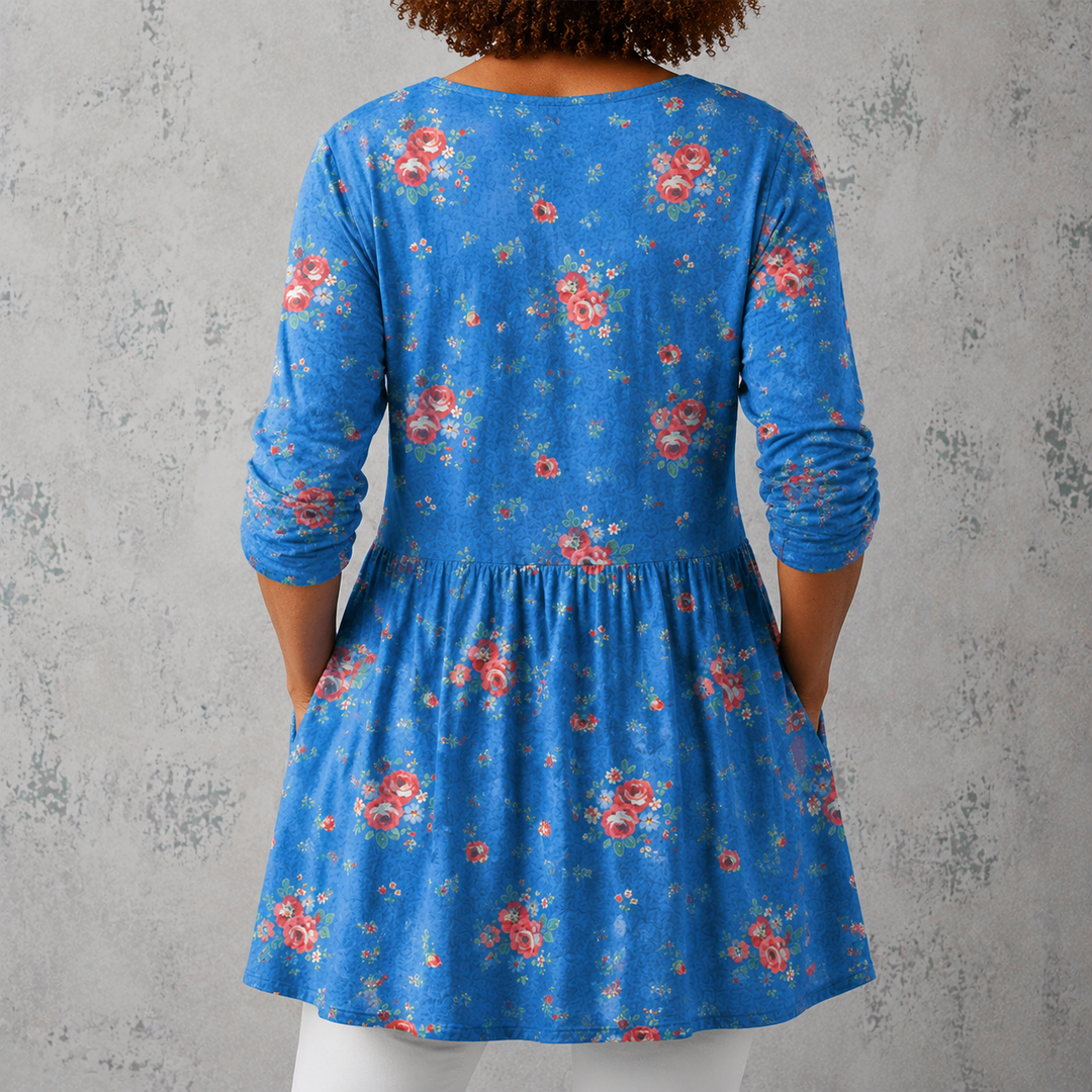 Grazia | Camicia lunga in lino con piccole rose vintage