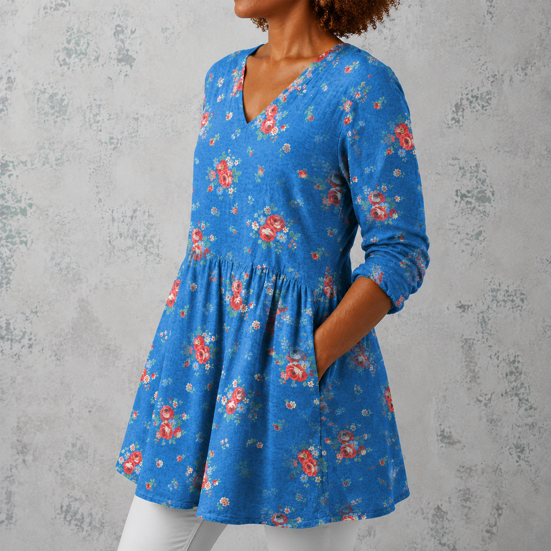 Grazia | Camicia lunga in lino con piccole rose vintage