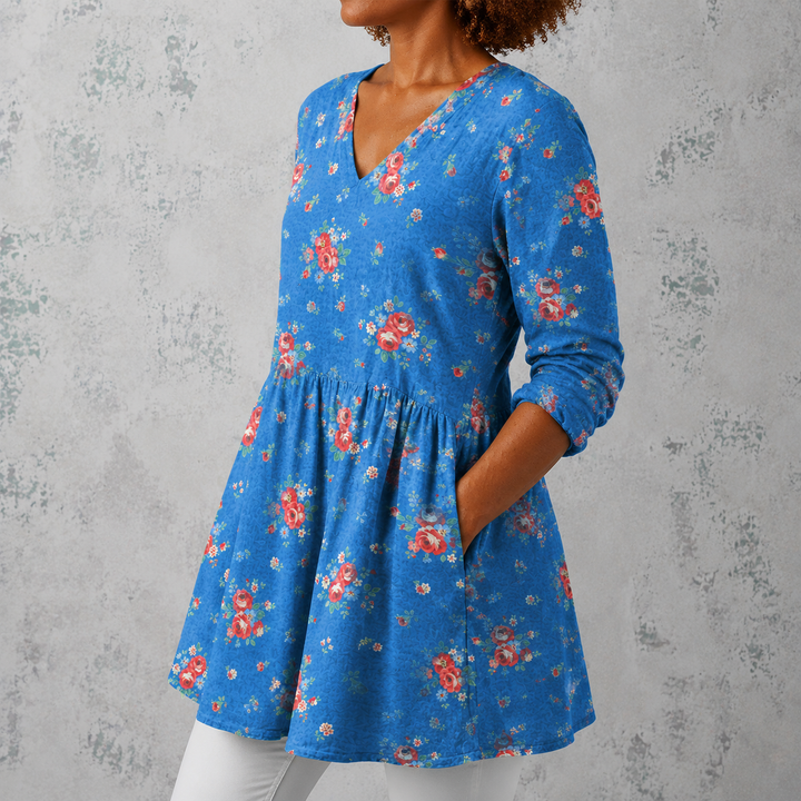 Grazia | Camicia lunga in lino con piccole rose vintage