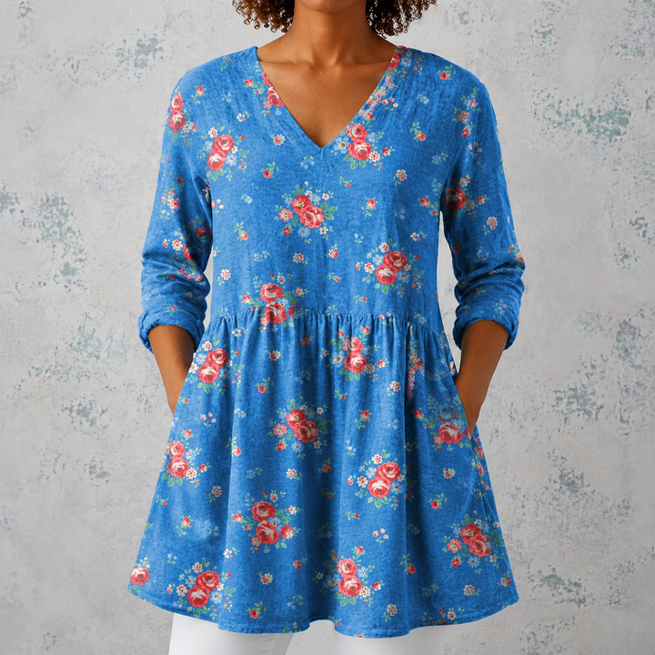 Grazia | Camicia lunga in lino con piccole rose vintage
