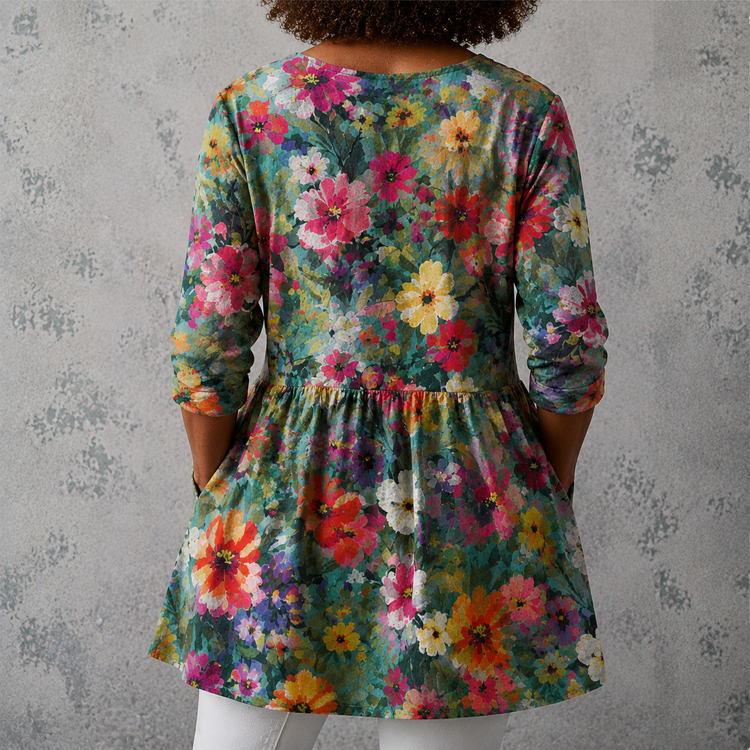 Melania | Blusa lunga in lino con motivo floreale da giardino