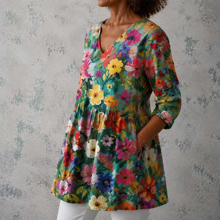 Melania | Blusa lunga in lino con motivo floreale da giardino