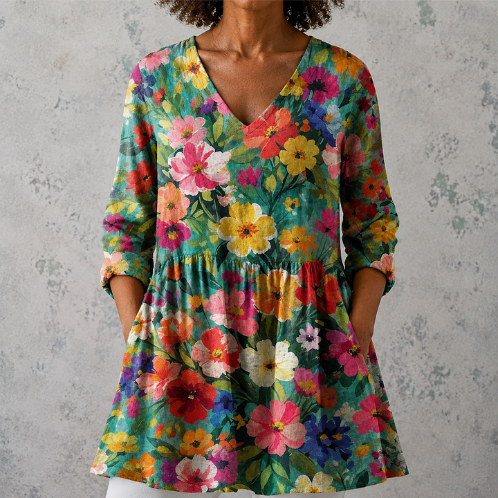 Melania | Blusa lunga in lino con motivo floreale da giardino