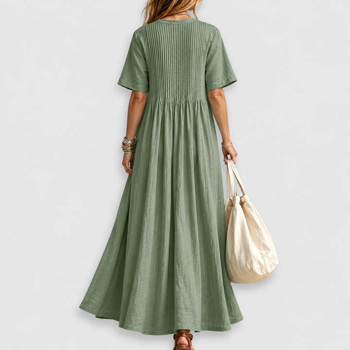 Elowen | Abito Maxi in Lino con V-Scollo e Pieghe