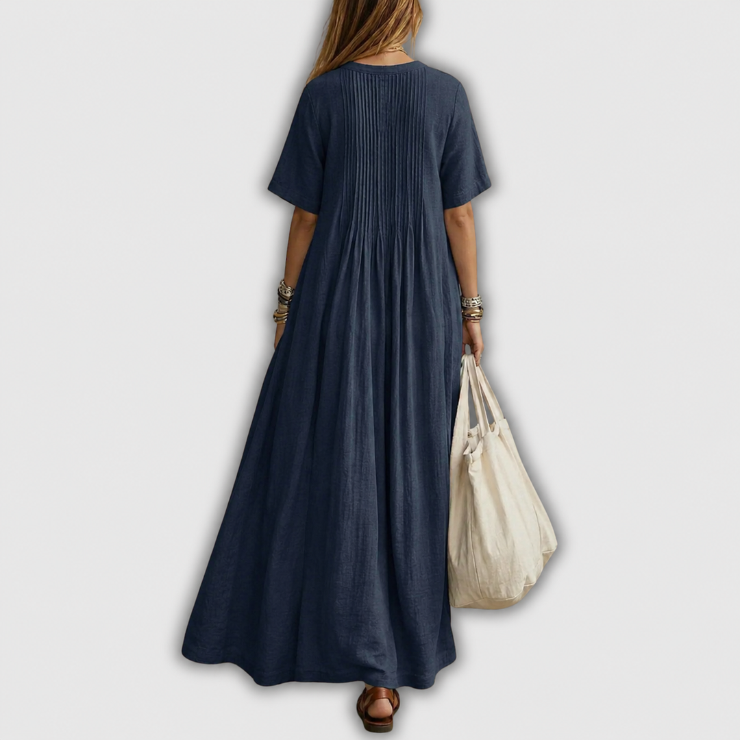 Elowen | Abito Maxi in Lino con V-Scollo e Pieghe
