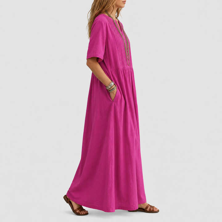 Elowen | Abito Maxi in Lino con V-Scollo e Pieghe