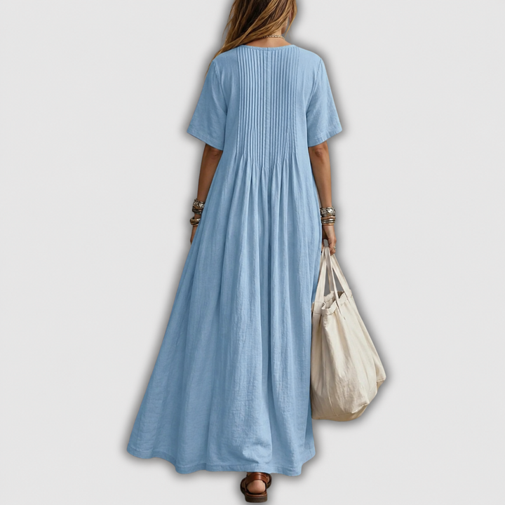 Elowen | Abito Maxi in Lino con V-Scollo e Pieghe