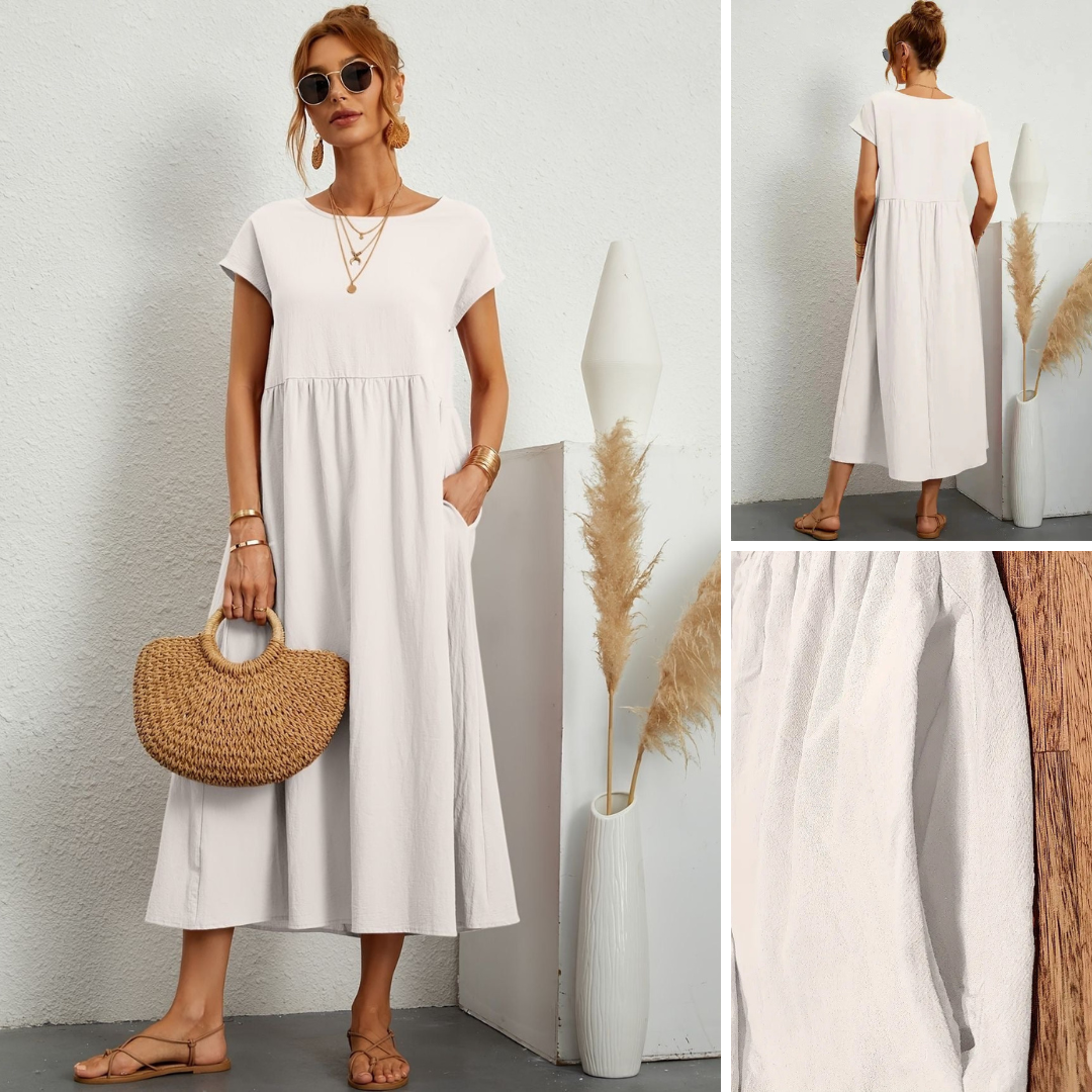 Disinvolta Abito Midi Donna Leggero Con Tasche Manica Corta