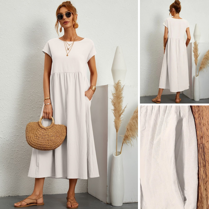 Disinvolta Abito Midi Donna Leggero Con Tasche Manica Corta