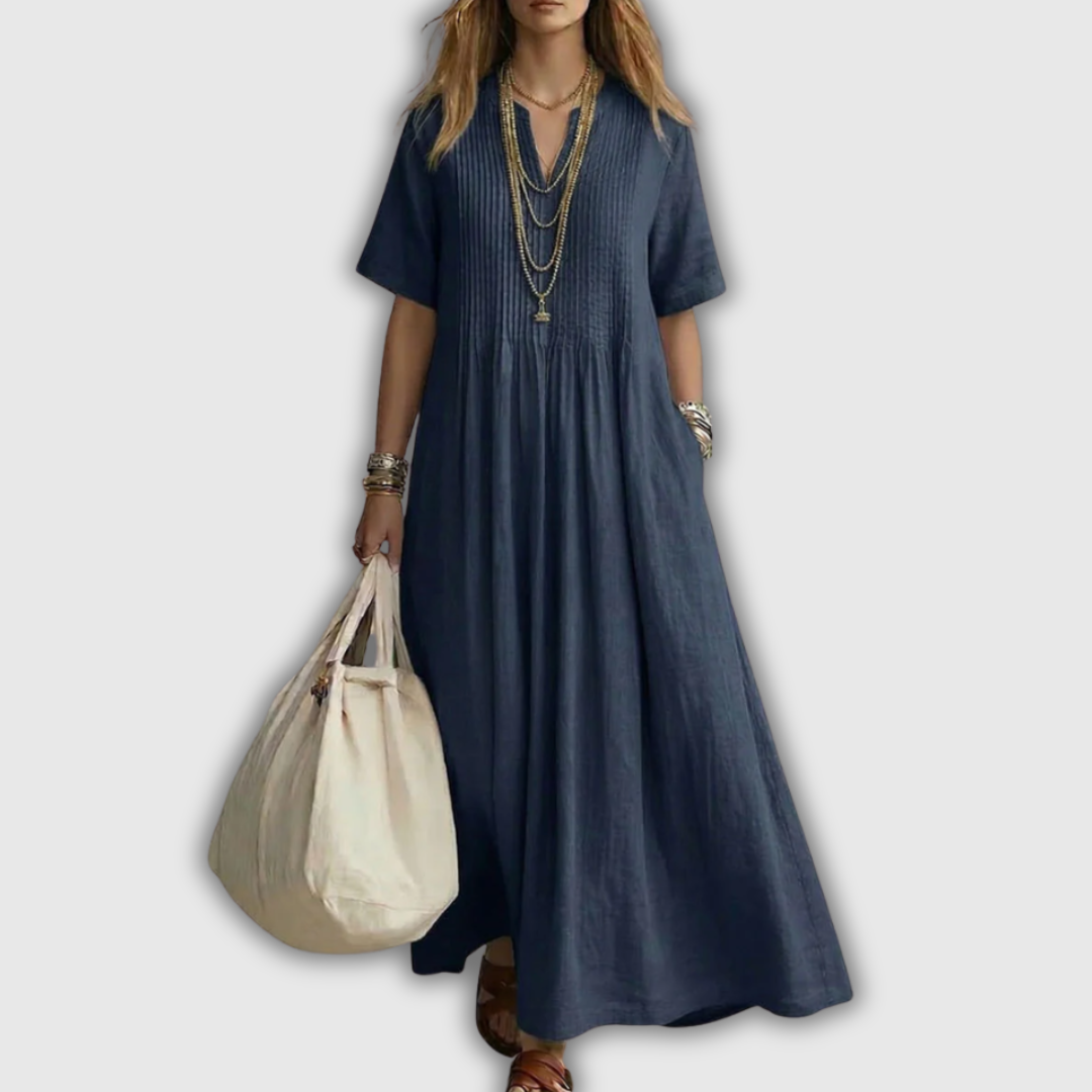 Elowen | Abito Maxi in Lino con V-Scollo e Pieghe