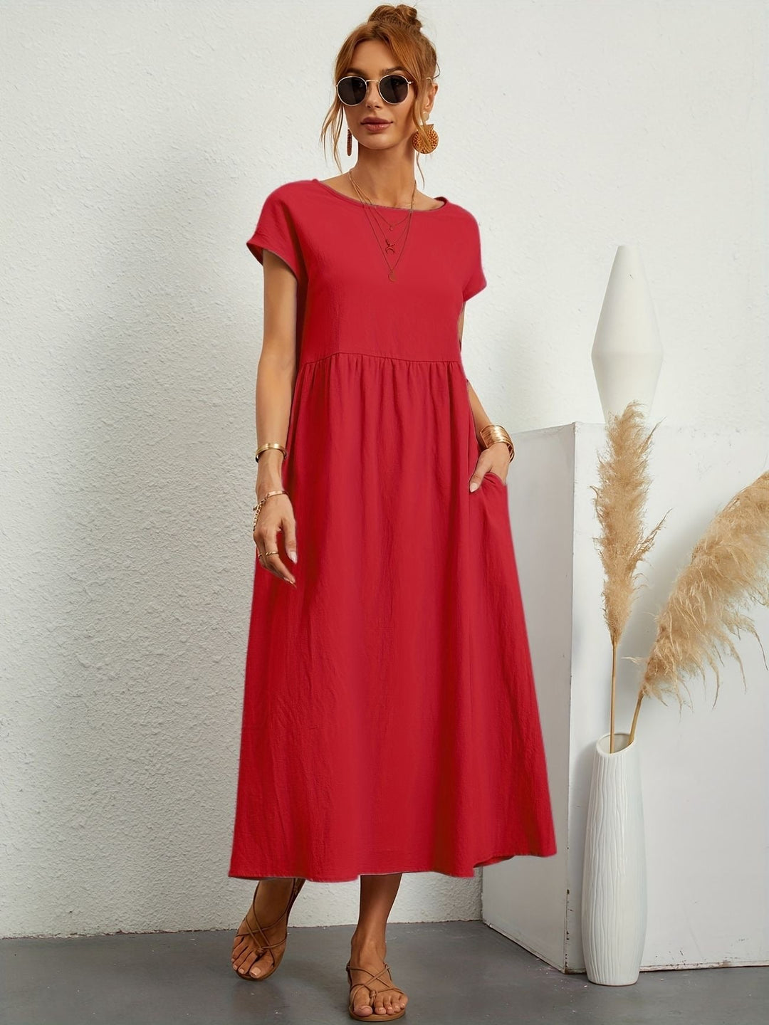 Disinvolta Abito Midi Donna Leggero Con Tasche Manica Corta