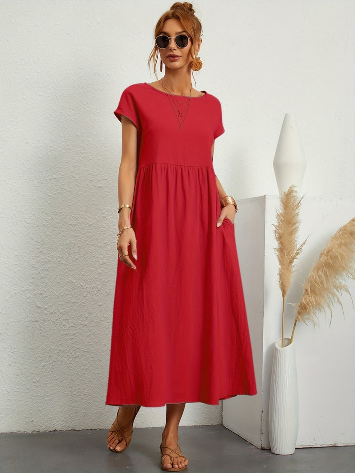 Disinvolta Abito Midi Donna Leggero Con Tasche Manica Corta