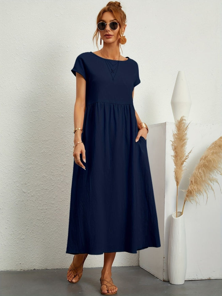 Disinvolta Abito Midi Donna Leggero Con Tasche Manica Corta