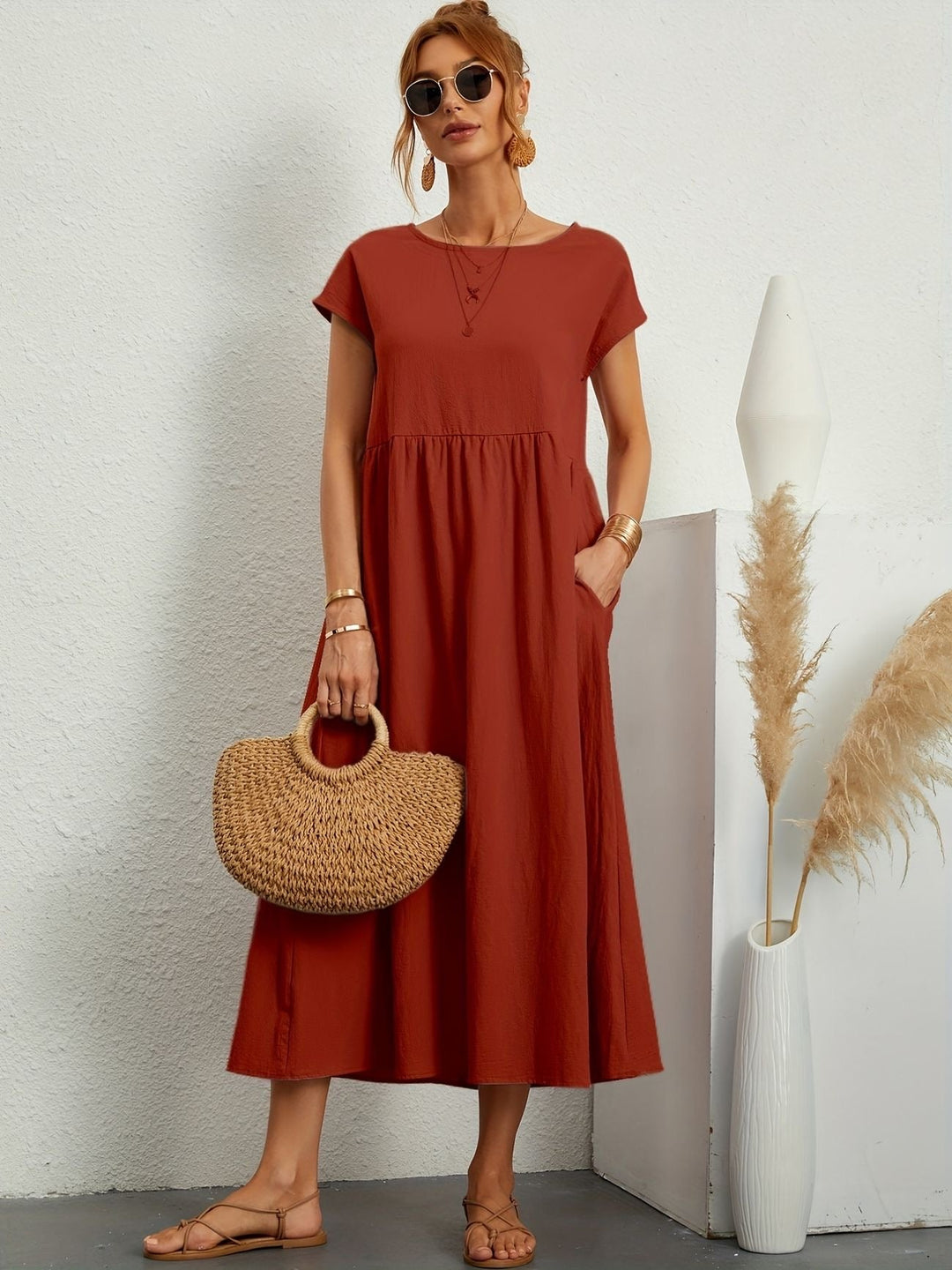 Disinvolta Abito Midi Donna Leggero Con Tasche Manica Corta