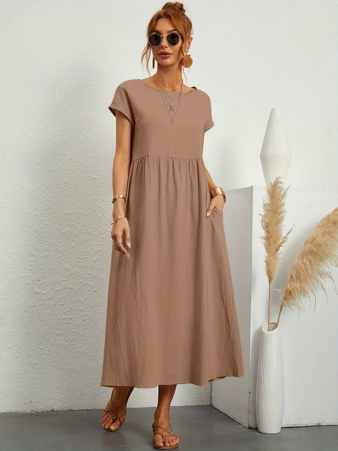 Disinvolta Abito Midi Donna Leggero Con Tasche Manica Corta