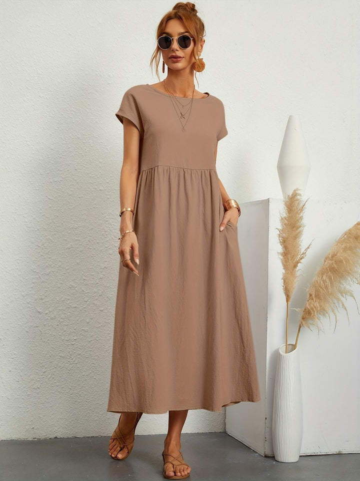 Disinvolta Abito Midi Donna Leggero Con Tasche Manica Corta