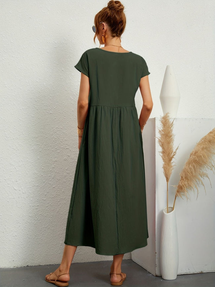 Disinvolta Abito Midi Donna Leggero Con Tasche Manica Corta