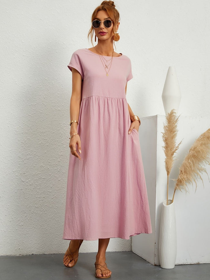 Disinvolta Abito Midi Donna Leggero Con Tasche Manica Corta