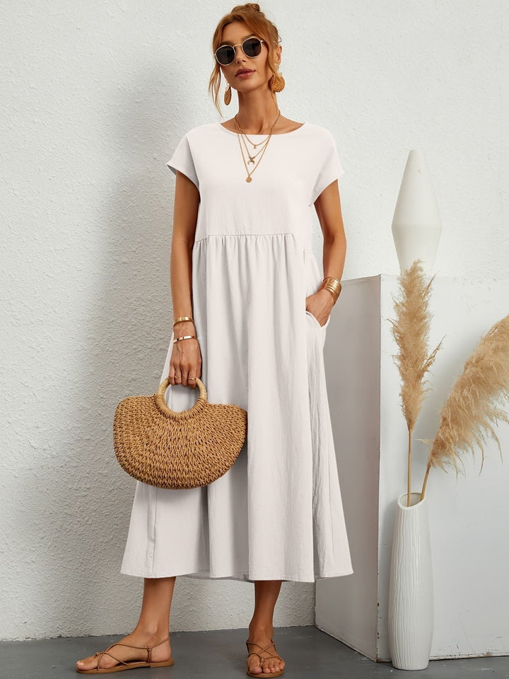 Disinvolta Abito Midi Donna Leggero Con Tasche Manica Corta