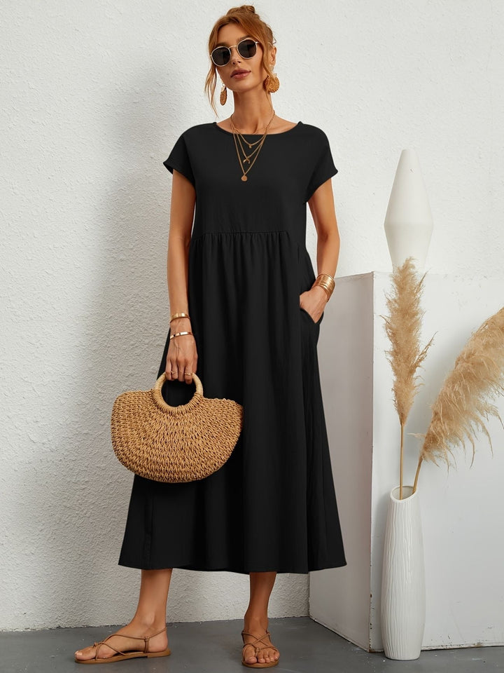 Disinvolta Abito Midi Donna Leggero Con Tasche Manica Corta