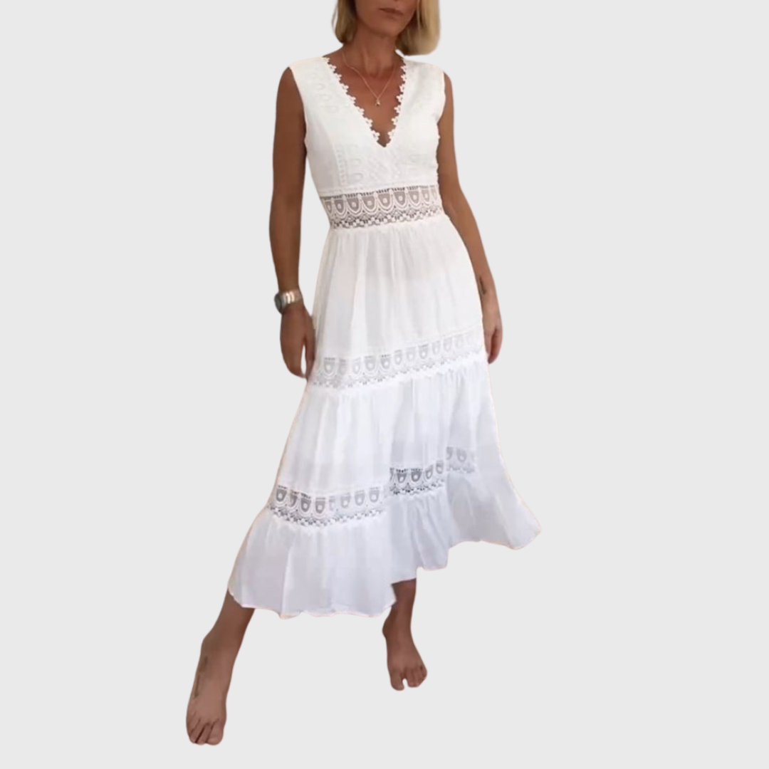 Ninfea | Abito Midi Senza Maniche in Stile Boho con Dettagli in Pizzo