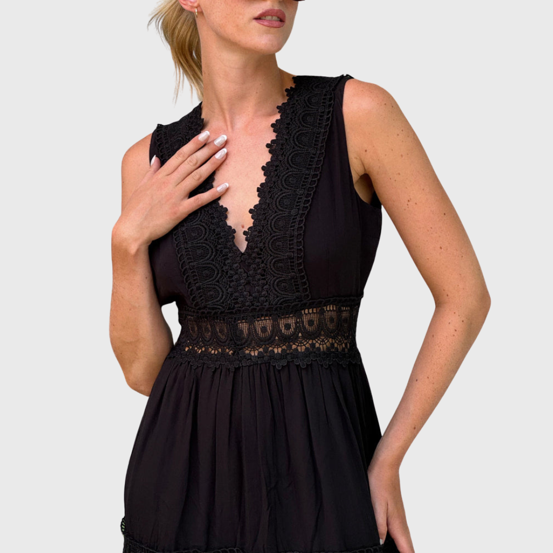 Ninfea | Abito Midi Senza Maniche in Stile Boho con Dettagli in Pizzo
