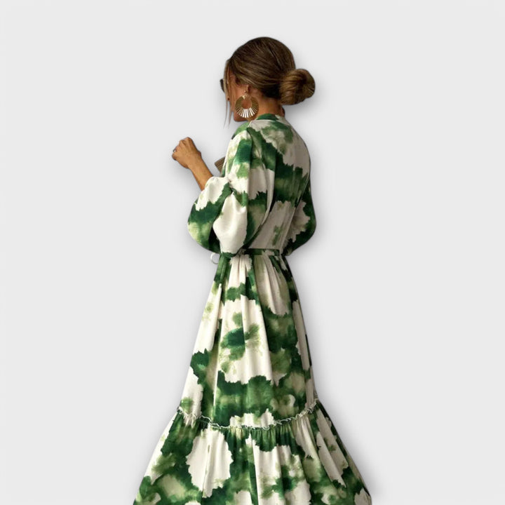 Melina - Abito Maxi Verde con Maniche Lunghe e Scollatura a V