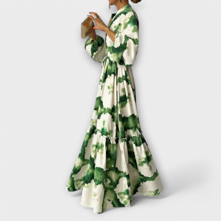 Melina - Abito Maxi Verde con Maniche Lunghe e Scollatura a V