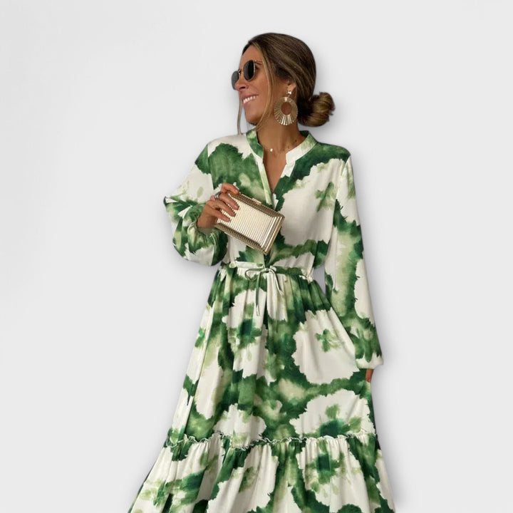 Melina - Abito Maxi Verde con Maniche Lunghe e Scollatura a V