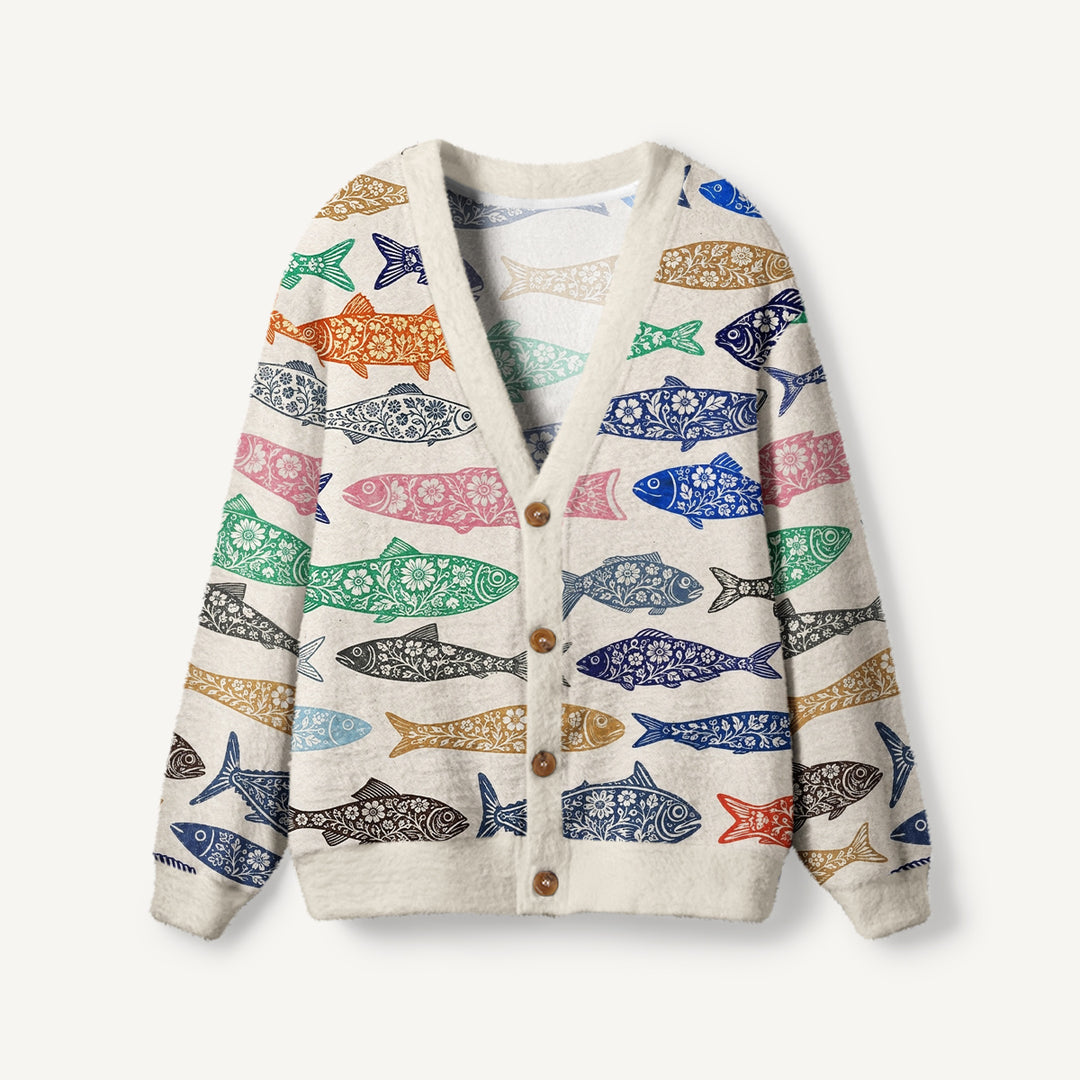 Cardigan lavorato a maglia boho con stampa di pesci floreali colorati