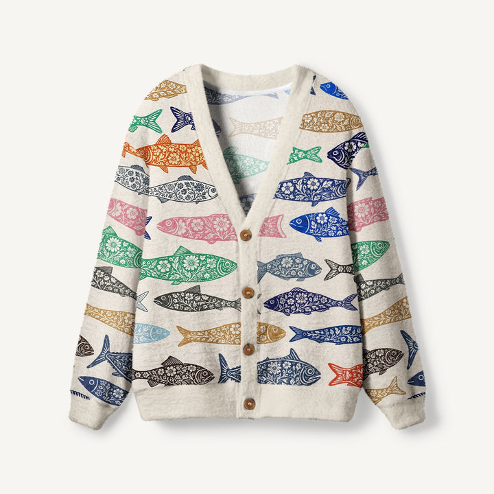 Cardigan lavorato a maglia boho con stampa di pesci floreali colorati