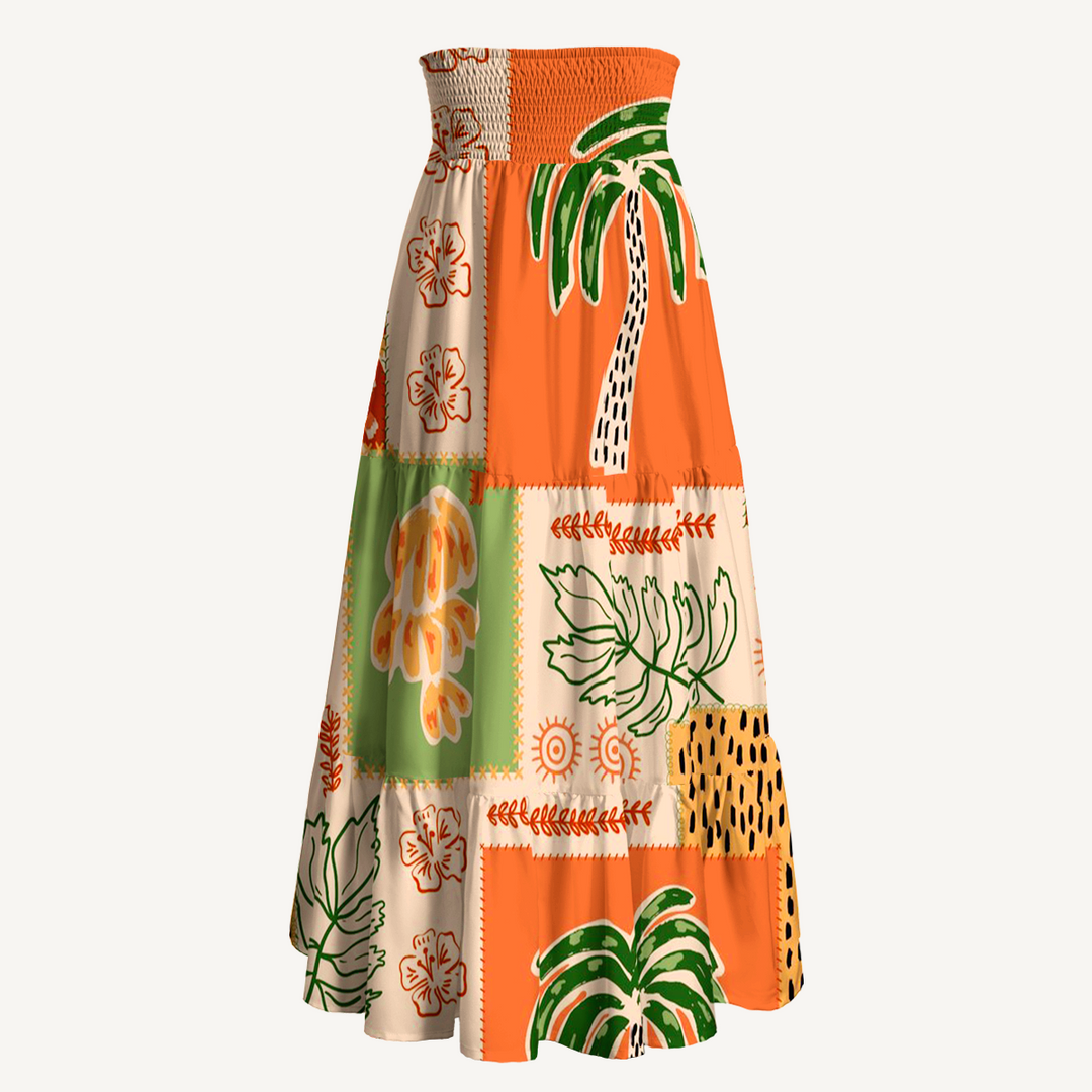 Gonna lunga e abito senza spalline con stampa boho a palme e ibisco