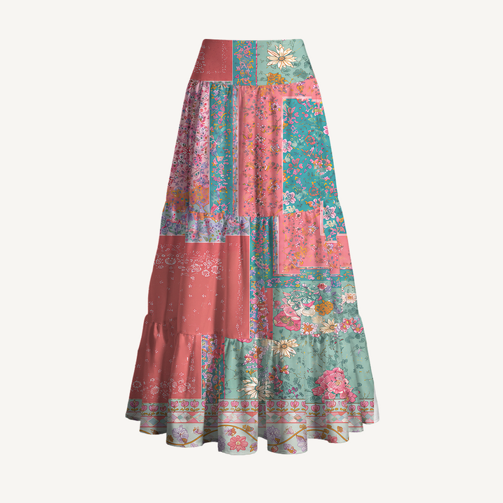Gonna maxi trasformabile con stampa patchwork “Giardino corallo” e abito senza spalline