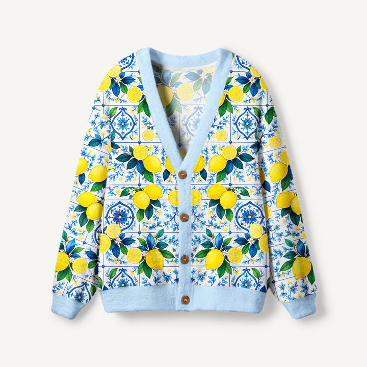Cardigan lavorato a maglia con piastrelle in stile mediterraneo e motivi di limoni