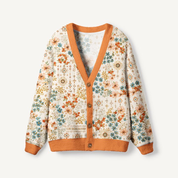 Cardigan lavorato a maglia con stampa floreale e motivi botanici