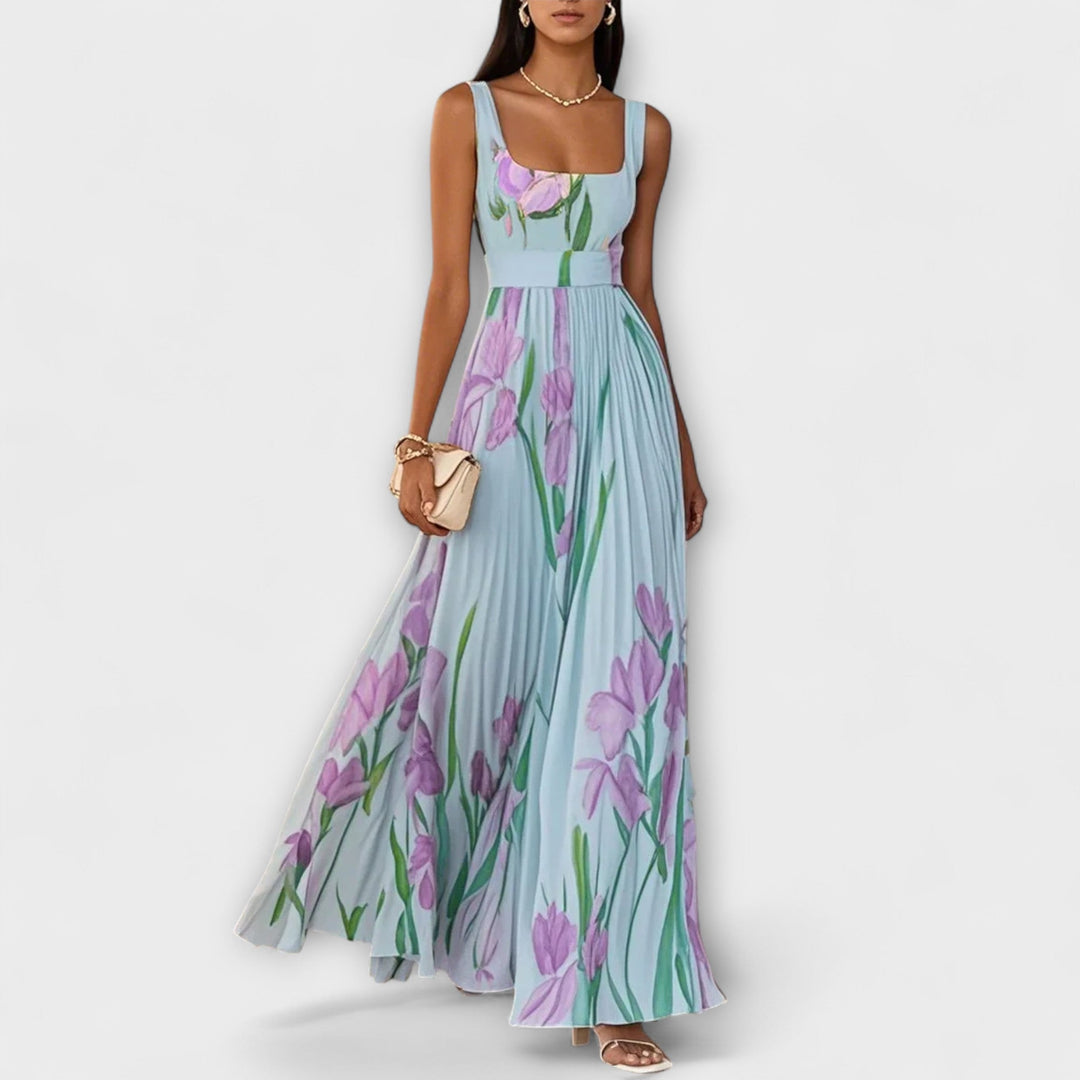 Rosalind | Abito Maxi in Chiffon a Fiori Plissettato con Cintura in Vita
