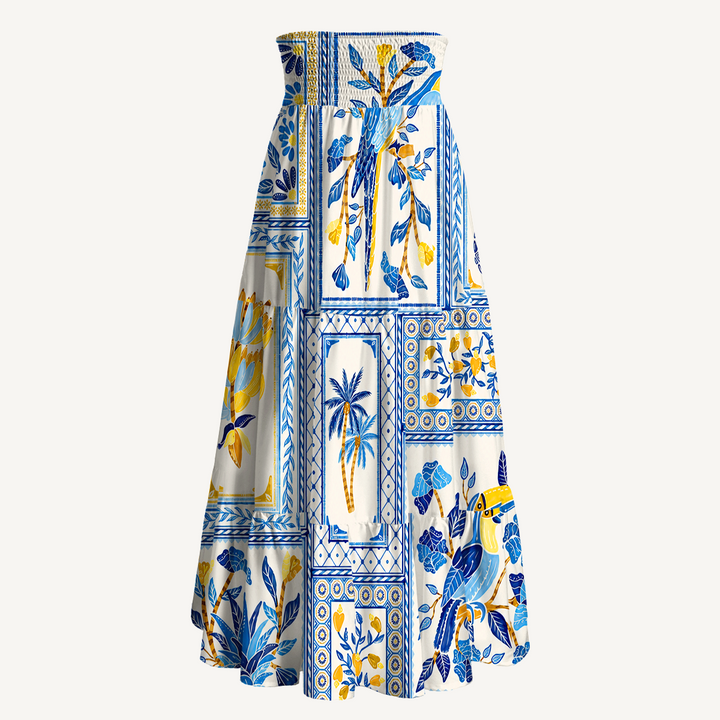 Gonna lunga con motivo a piastrelle tropicali blu e abito senza spalline