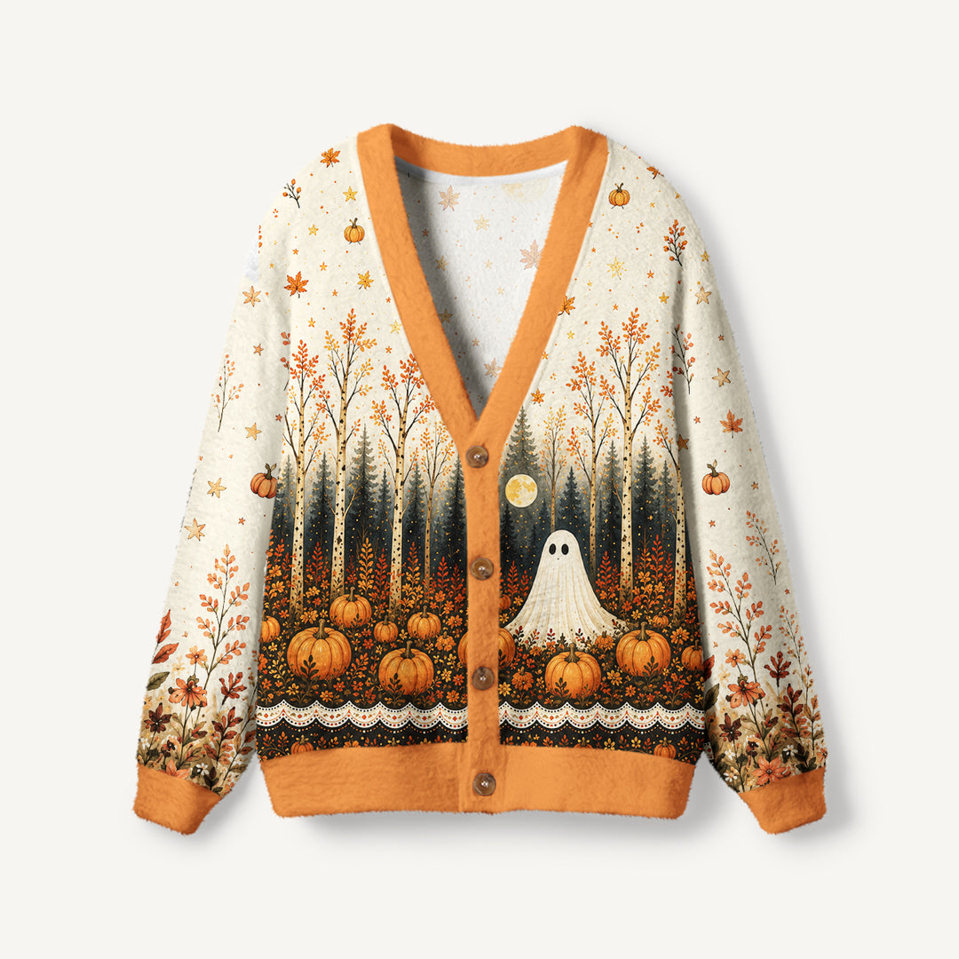 Cardigan lavorato a maglia autunnali con fantasmi, zucche e motivi di bosco