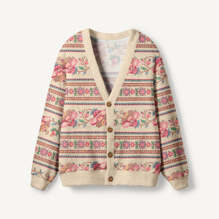 Cardigan lavorato a maglia con motivo vintage a righe e fiori