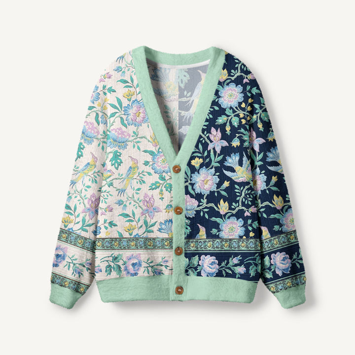 Cardigan in maglia stile boho con motivo floreale “Il canto degli uccelli” in due tonalità